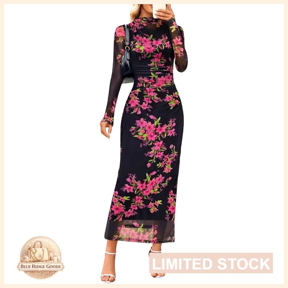 Long Sleeve Bodycon Maxi Dress Elegant Chic Wedding Guest Cocktail Party